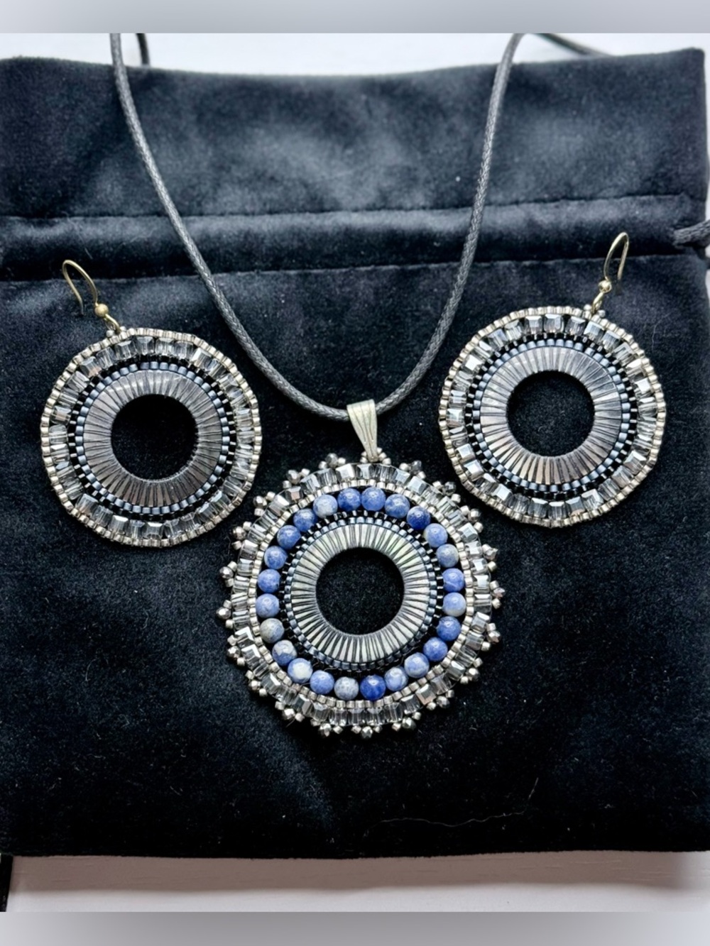 Bali Blue and Silver Beaded Circle Pendant Earrings Lapis Black Mother of Pearl